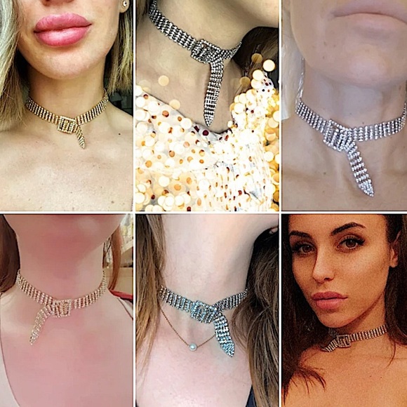 Silver Belt Buckle Crystal Rhinestone Choker - Picture 14 of 14